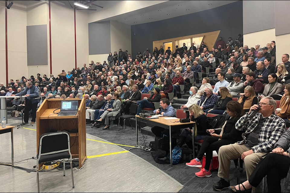 The Kwantlen Polytechnic University Langley campus auditorium was packed with people Monday night for an Agricultural Land Commission meeting, with the vast majority in support of including South Surrey farm land into the provincial Agricultural Land Reserve. (Tricia Weel photo)
