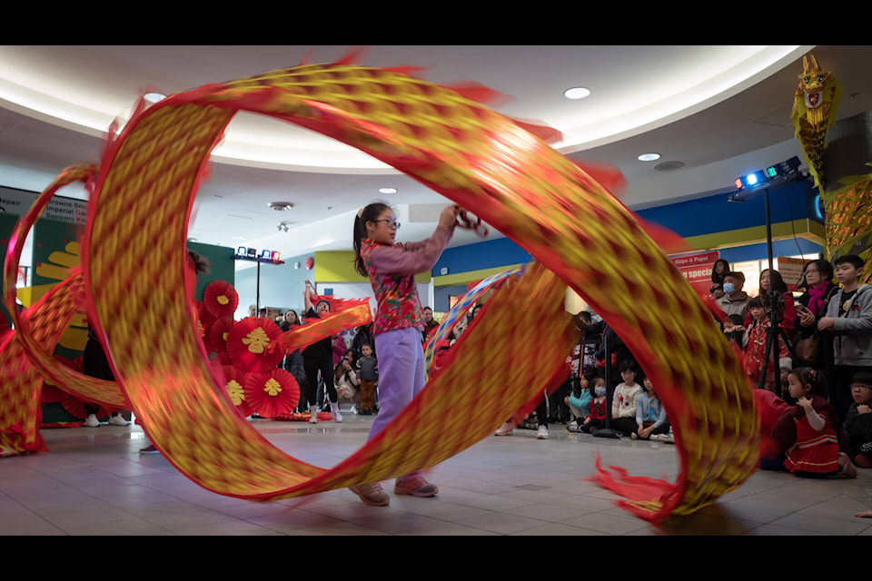 The Chinese Village Club celebrated the Lunar New Year Saturday (Jan. 28) at Semiahmoo Shopping Centre in South Surrey, with performers sharing dragon ribbon dancing, martial arts and Chinese traditional folk dancing, among other festivities. (Ding Xiang Guang photo)