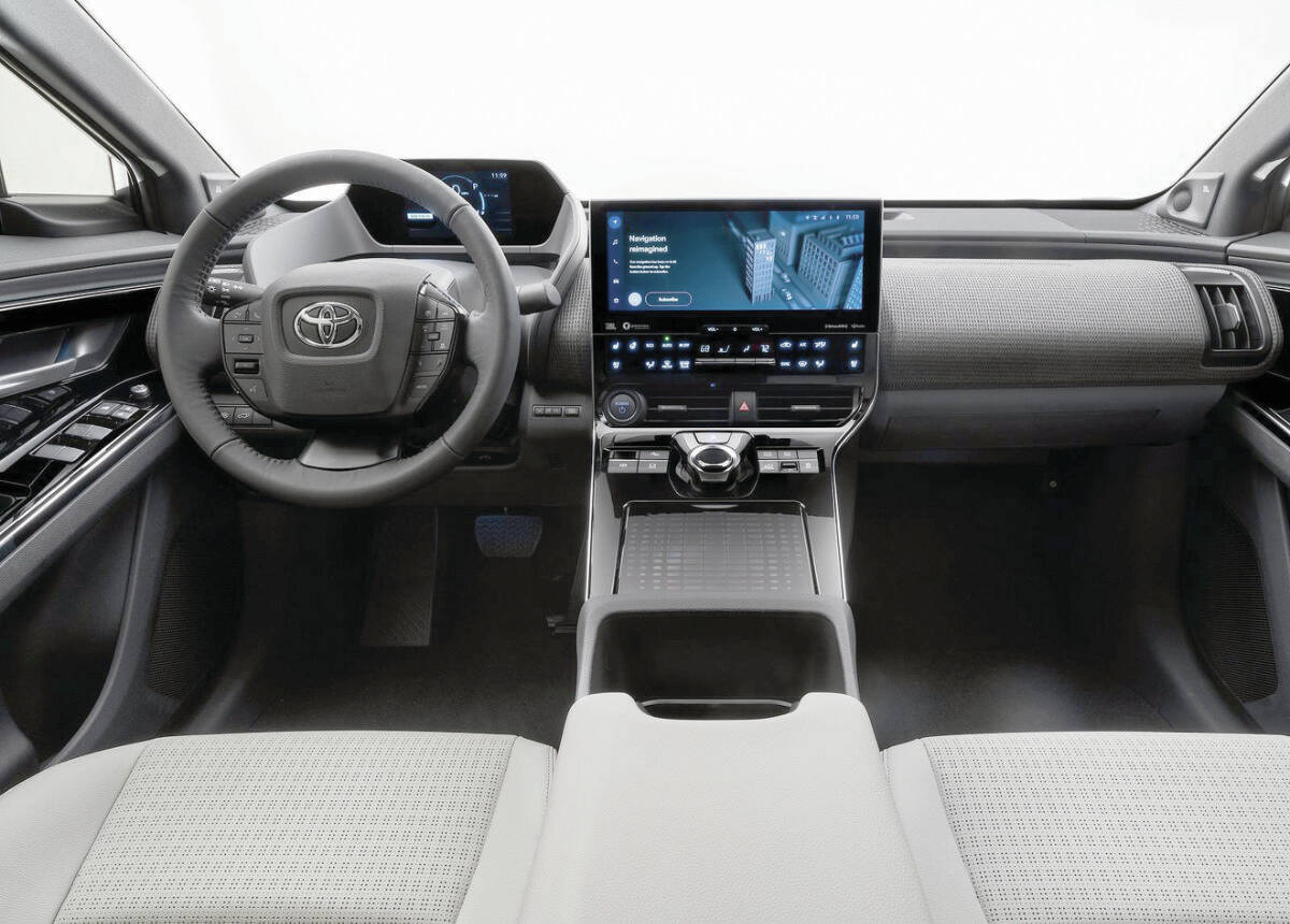 The bZ4Xs interior styling is referred to by Toyota as open concept, with a large touch-screen dominating an otherwise clutter-free dashboard. PHOTO: TOYOTA