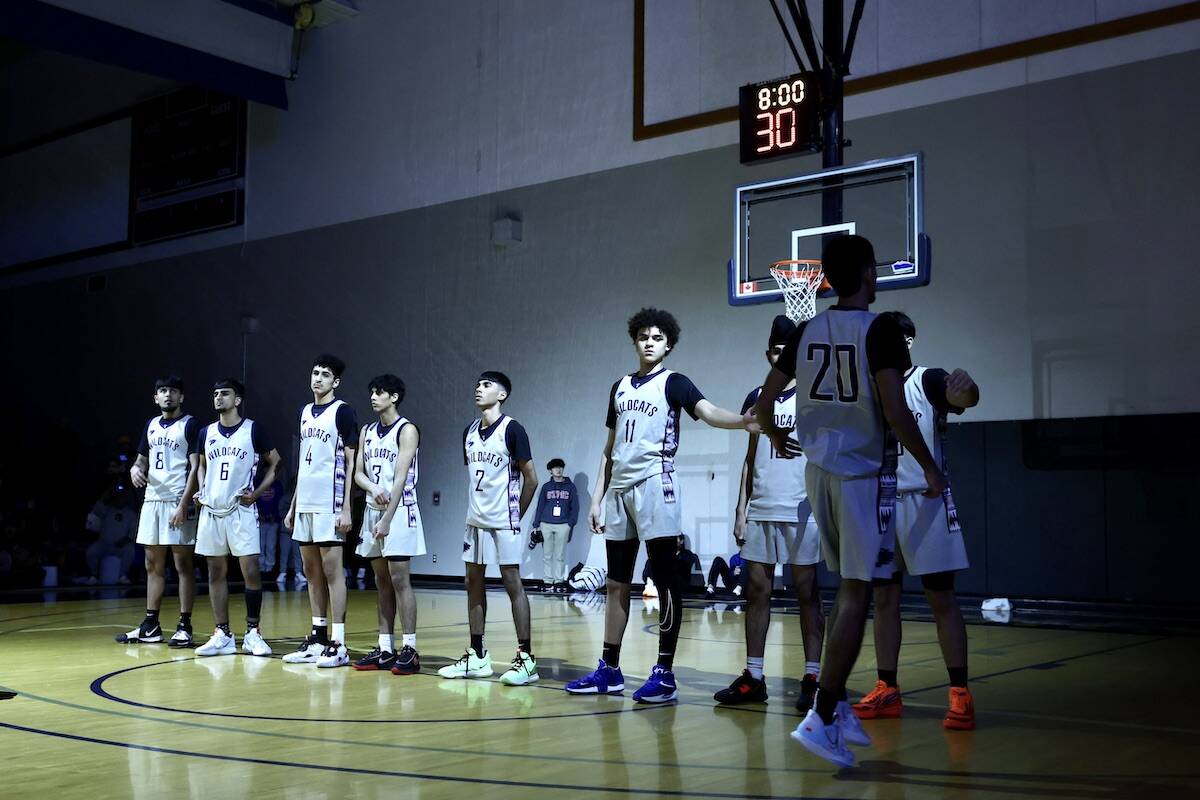 Tamanawis junior boys basketball team introduced at Langley Events Centres South Court before Tuesdays final game, Feb. 28, 2023. (Submitted photo: Garrett James/Langley Events Centre)