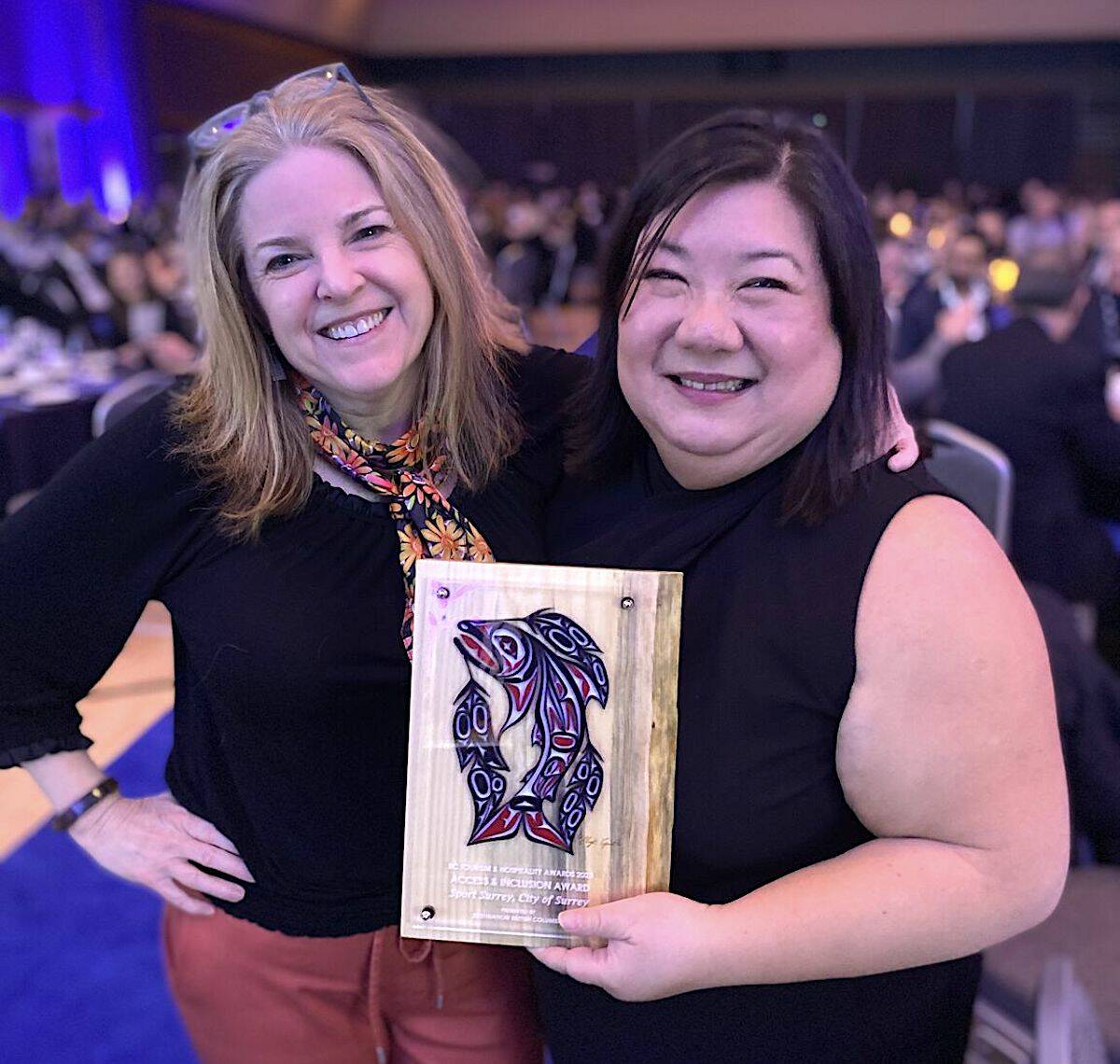 Angeline Chew (right), executive director of Discover Surrey, with Destination BCs Kathleen Harvey at March 2 awards event in Prince George. (Submitted photo)