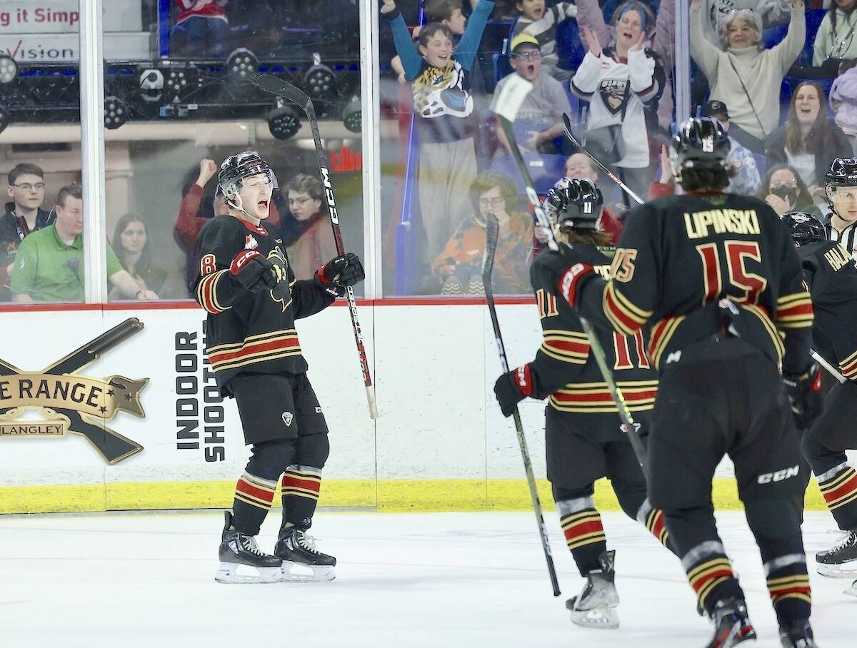Giants captain Ty Thorpe celebrated his winning goal as Vancouver downed the Prince George Cougars 3-2 in overtime on home ice at the Langley Events Centre on Sunday, March 12. (Rob Wilton/Special to Langley Advance Times)