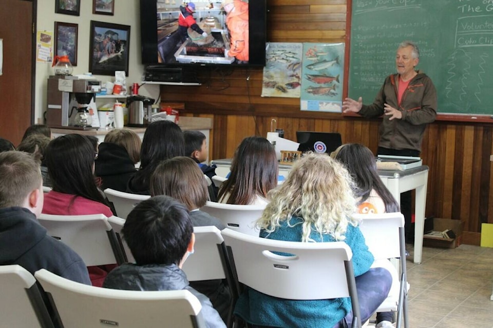 Hatchery volunteer Tim Everson speaks to Grade 5 and 6 students from Richmond’s Westwind Elementary, as part of an April 13, 2023 tour of the facility. (Sobia Moman photo)