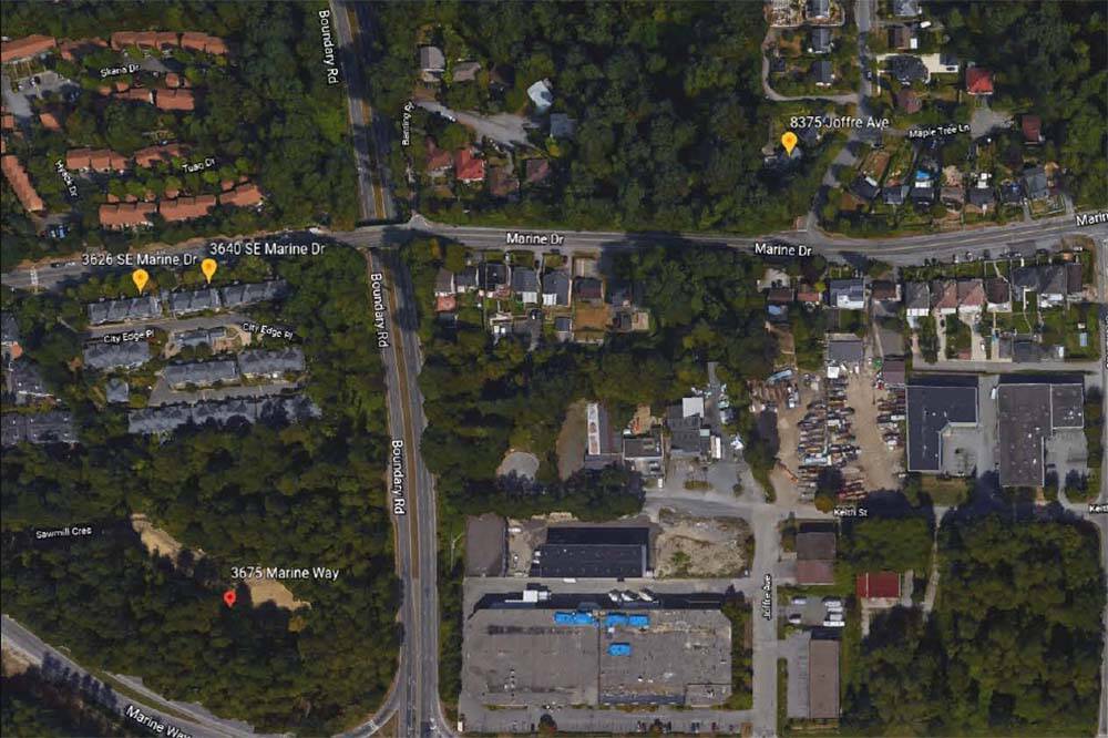 A map provided by the BC Coroners Service shows the two addresses where 911 calls about Myles Gray were made (3626 and 3640 SE Marine Drive) and the address where he was confronted by police officers and died on Aug. 15, 2015 (8375 Joffre Avenue). (Image courtesy of BC Coroners Service)