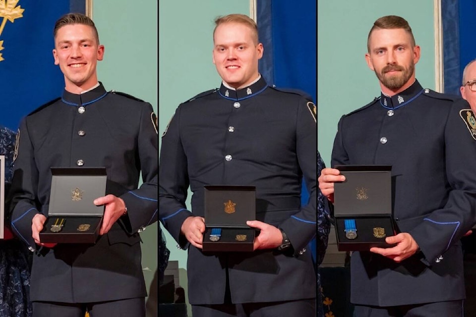 (from left) Delta Police constables Josh Harms, Mason Woods and Chris Bond were among the 154 honourees recognized for their bravery and dedication at B.C.’s 39th annual Police Honours Night, held April 18 and 19, 2023 at Government House in Victoria. Two other DPD officers — constables Melissa Ker and Mixon Madland — also received awards, but their images were not released. (Province of British Columbia photos)