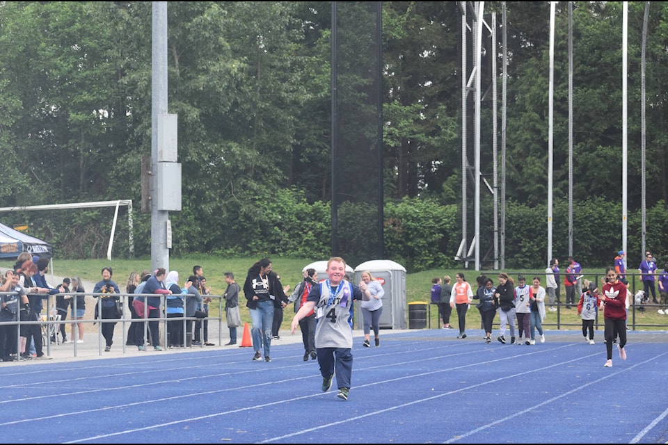 Jacob Paige, a Grade 11 student at Clayton Heights Secondary, led the pack during a race at the Surrey Secondary Special Track Meet at South Surrey Athletic Park Wednesday (May 24). He won the race. (Tricia Weel photo)
