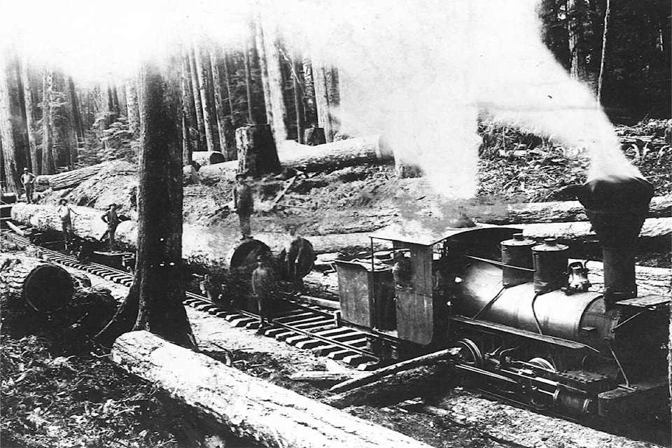 Old Curly, former CPR locomotive, is seen in a logging camp in this image circa 1900. (Image via City of Vancouver Archives, reference code: AM54-S4-: Log P51)