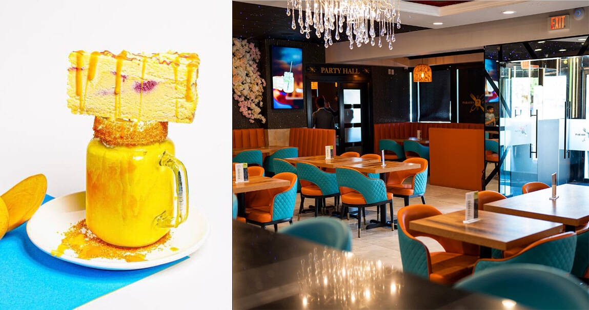 Monster Shakes topped with cakes, cookies and other sweet treats are a big hit (left). The ambiance at Parantha 2 Pasta suits families, business professionals and late-night socialites, depending on the time of day. (right)