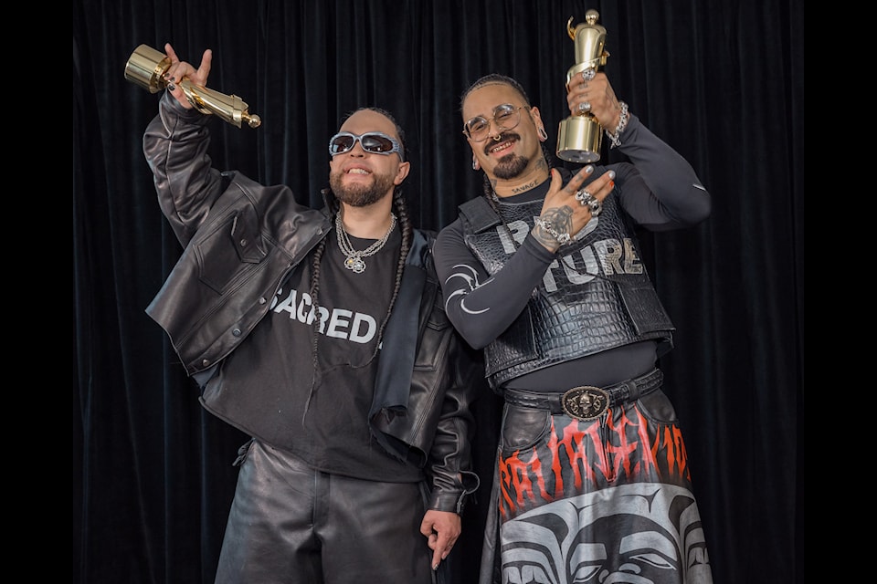 Darren "Young D" Metz and Quinton "Yung Trybez" Nyce of the Snotty Nose Rez Kids celebrate their first Juno Award win March 30 for rap album of the year. 