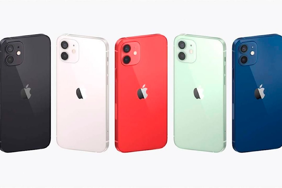 This image provided by Apple shows a display of the new iPhones equipped with technology for use with faster new 5G wireless networks that Apple unveiled Tuesday, Oct. 13, 2020. (Apple via AP)