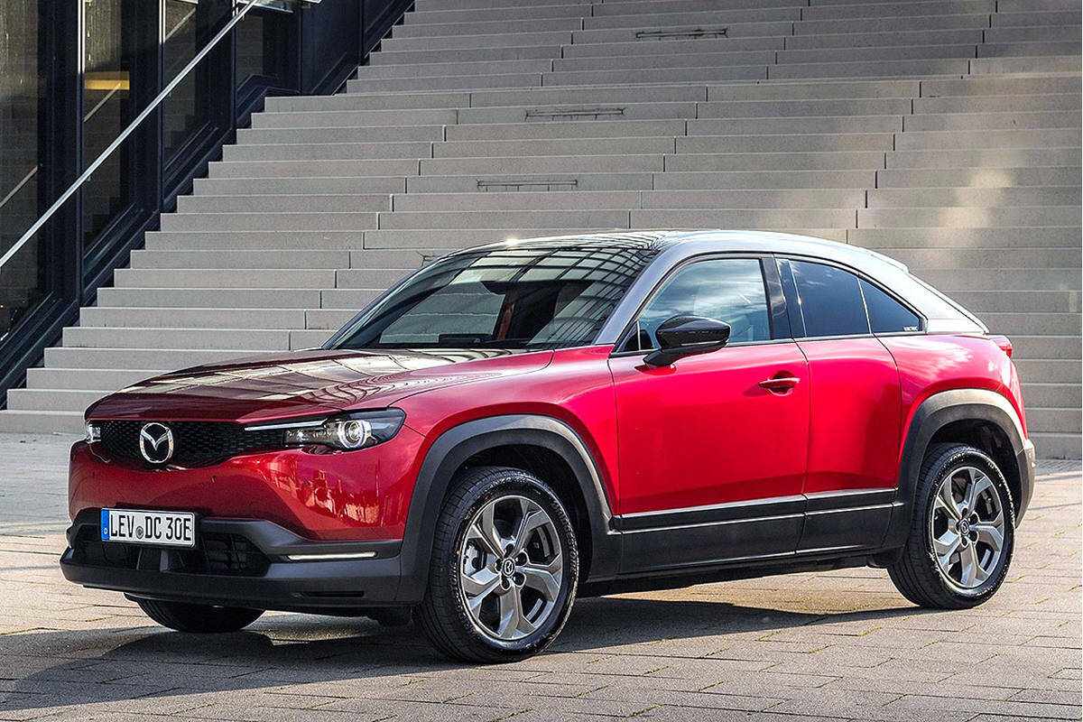 The new MX-30 and CX-30 are identical in all key dimensions and cargo capacity. The CX-30 starts at about $26,900 and has 186 horsepower. The base MX-30 costs about $17,000 more and has 143 horsepower. PHOTO: MAZDA