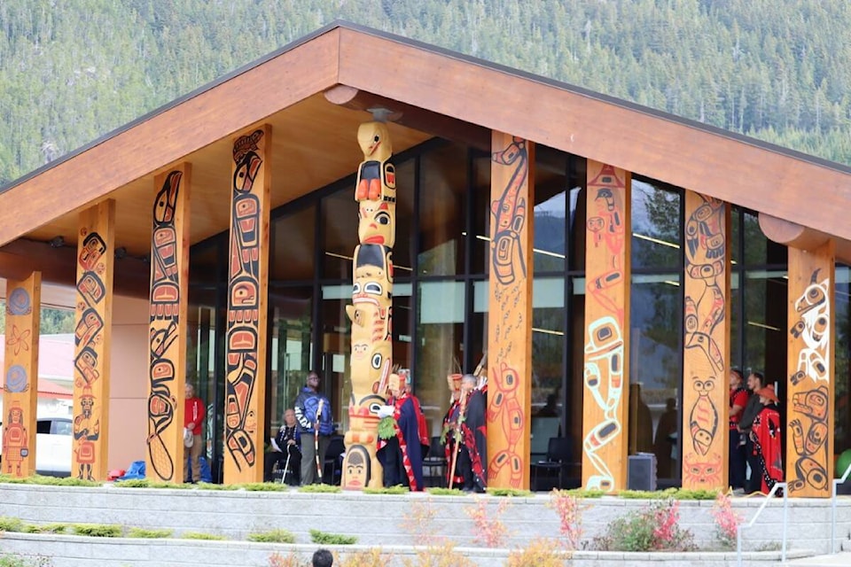 Haisla elders unveiled and blessed the artwork outside the new Haisla Health Centre in a ceremony Sept. 15. (Misty Johnsen/Northern Sentinel)