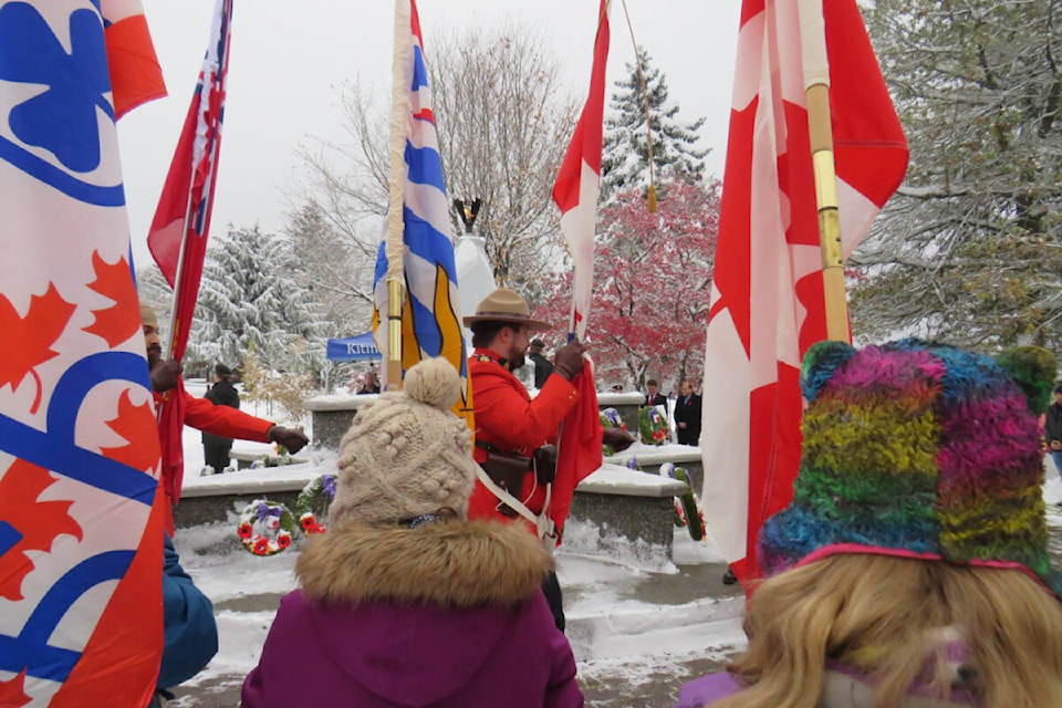 In the first Remembrance Day service in three years without pandemic restrictions Kitimat came out to honour Canada’s fallen and those who still serve at the cenotaph on Nov. 11. (Sandra Capezzuto photo)