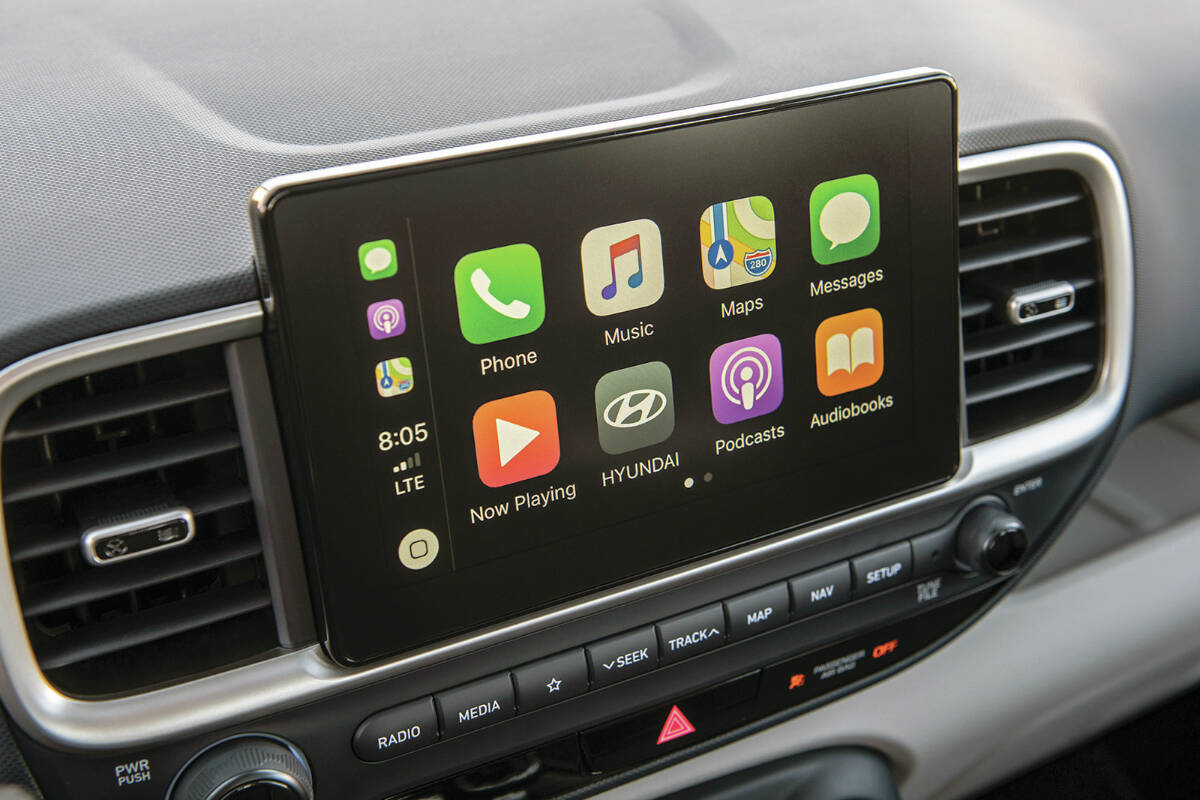 The standard eight-inch screen provides Apple CarPlay and Android Auto interfaces. Navigation is an available upgrade. PHOTO: HYUNDAI