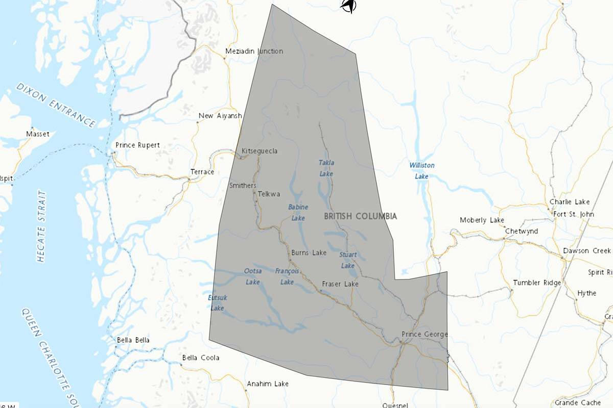 An Environment Canada map shows the areas of northwestern B.C. where a dust advisory has been issued. (Environment Canada/screenshot)
