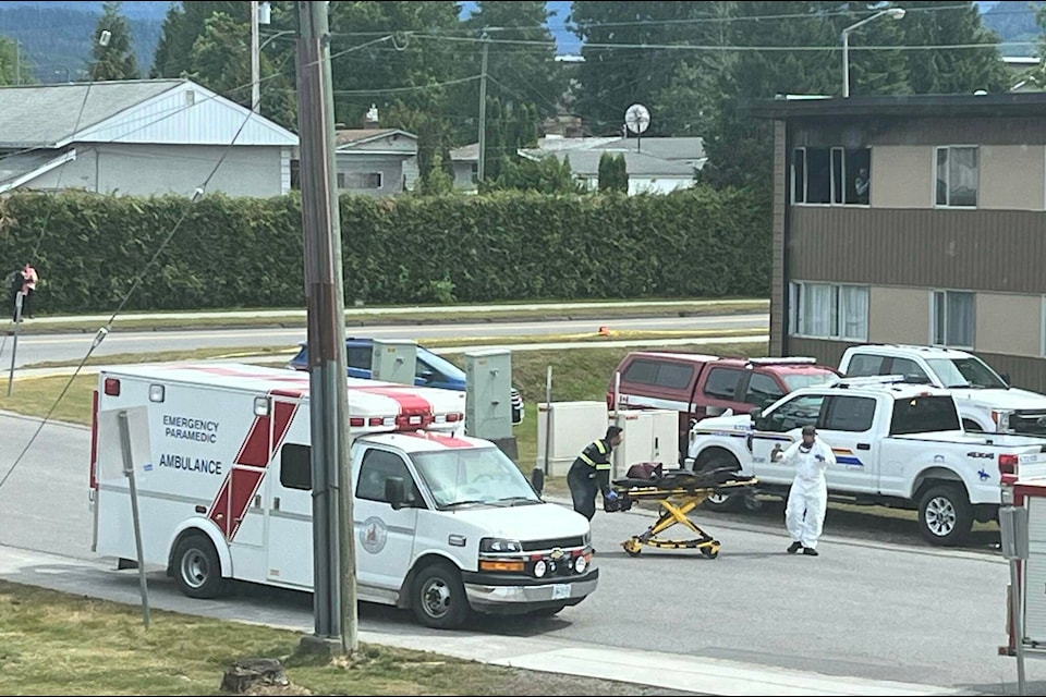 Kitimat RCMP and Kitimat Fire and Ambulance at 1567 Albatross Ave. in Kitimat on June 18. Kitimat RCMP says a fire engulfed a top-floor apartment in the city on June 18, resulting in the death of one individual. (Submitted photo)