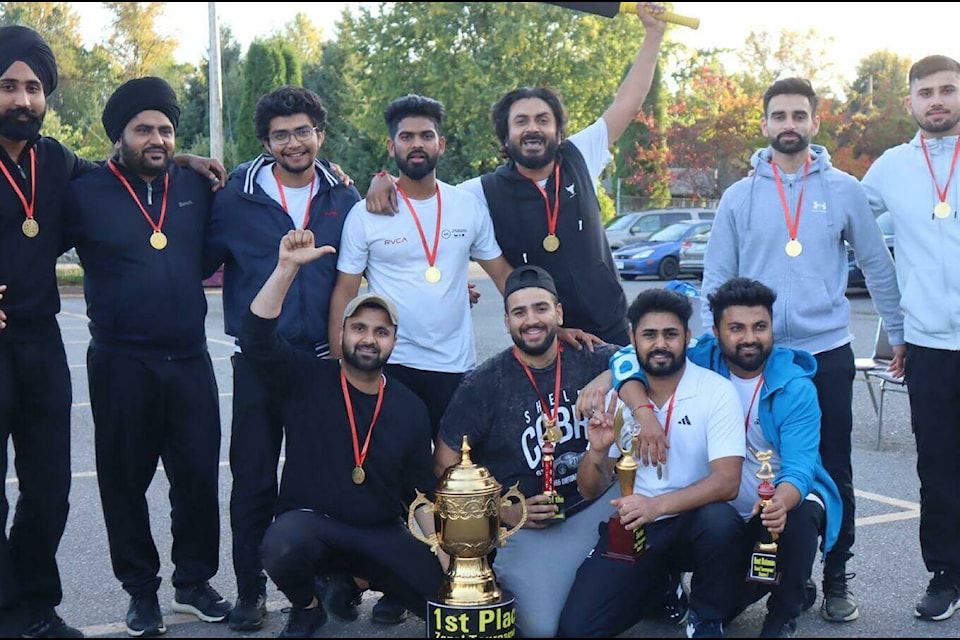 From left to right, back row: North Terrace champions Robin Gill, Pushpinder Singh, Hiren Patel, Kuldeep Singh, Rashpal Singh, Amar Singh and Jai Sharda. From left to right, front row: North Terrace Captain Sandeep Sharma, Karan Gill, Satnam Singh and Vijay Kaushik stand and squat with their trophy at the Terrace Cricket Club’s championships on Sept. 24 in Terrace. (Submitted photo)