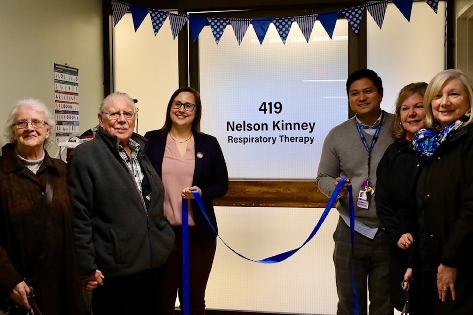From left, Nelson Kinney's sister Lorna Kellough, brother-in-law Clare Kellough, Julia Pemberton (Northern Health) and Ivan Urciaand (Northern Health) and nieces Joyce Saturbano and Crystal Lorette cut the ribbon to mark the grand opening of the Nelson Kinney Respiratory Clinic on Dec. 3 at the Prince Rupert Regional Hospital.