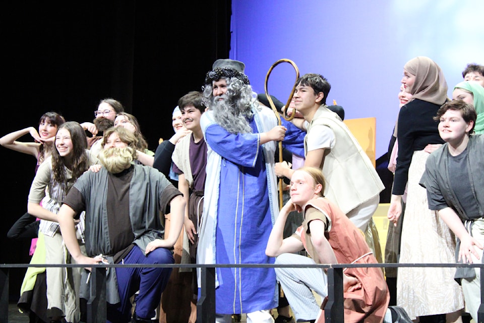 Jacob (Jeremy Viktil), Joseph (Shawn Pettitt) and the cast of Charles Hays Secondary's Joseph and the Amazing Technicolor Dreamcoat perform "Joseph's Coat" during the Dec. 5 show.