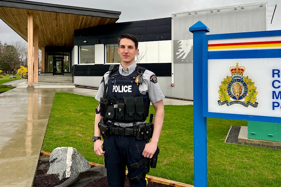 Cst. Luther Schertzer is a new police officer from Ontario who joined the Prince Rupert RCMP six months ago. He stands outside the new detachment on April 11, 2025. 