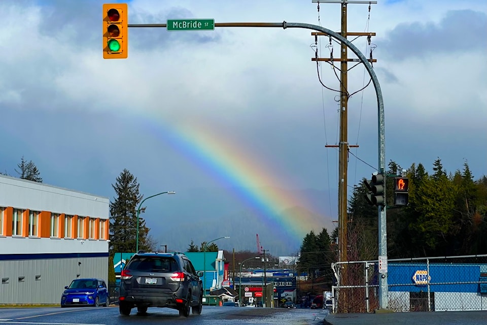A vibrant rainbow sweeps over Prince Rupert, painting the sky on Feb. 24, 2025.