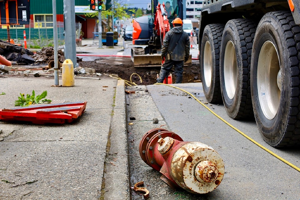 A crew is responding to a leak caused by a damaged fire hydrant in downtown Prince Rupert on May 5, 2025.