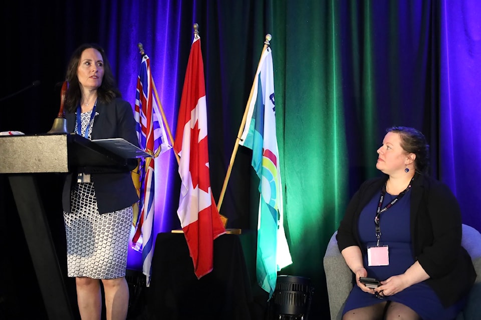 Corinne Bomben (left), Chief Financial Officer of the City of Prince Rupert presented the "Tale of a Tax Sale (Watson Island)" at the May 14 plenary session during the 2025 NCLGA conference in Prince Rupert.