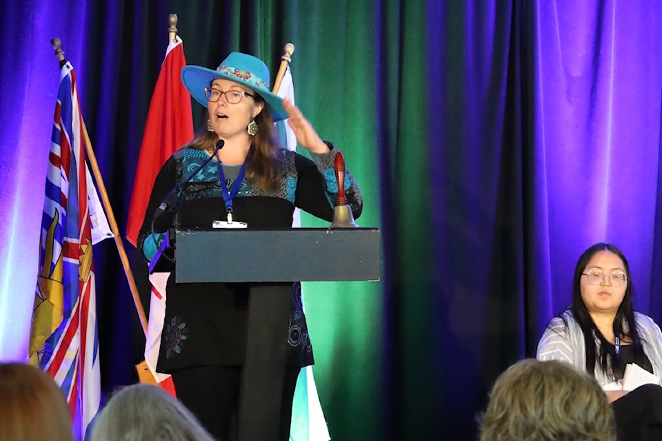 Gaëtane Carignan (left) and Kaitlyn Robinson (right) talk about the Nisga'a Energy Retrofits project at the 2025 North Central Local Government Association conference in Prince Rupert on May 14, 2025.
