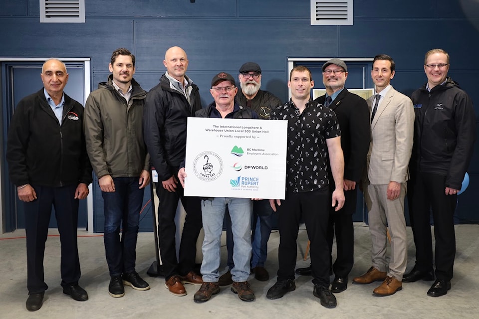 The International Longshore and Warehouse Union (ILWU) Local 505, along with contributing partners, the BC Maritime
Employers Association (BCMEA), DP World, and the Prince Rupert Port Authority (PRPA) at the grand opening of Local 505's new union hall in downtown Prince Rupert on May 27, 2025.