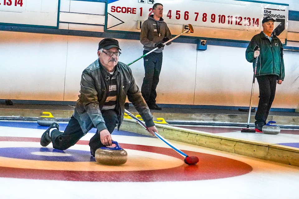 Pierre LaFrance throws a rock in the A-division semi-finals at the 2019 Fisherman’s Sturling on Jan. 20 at the Prince Rupert Curling Club. LaFrance and Frank Repole won the A event against Mark Seidel and Corey Kitchen. (Shannon Lough / The Northern View)