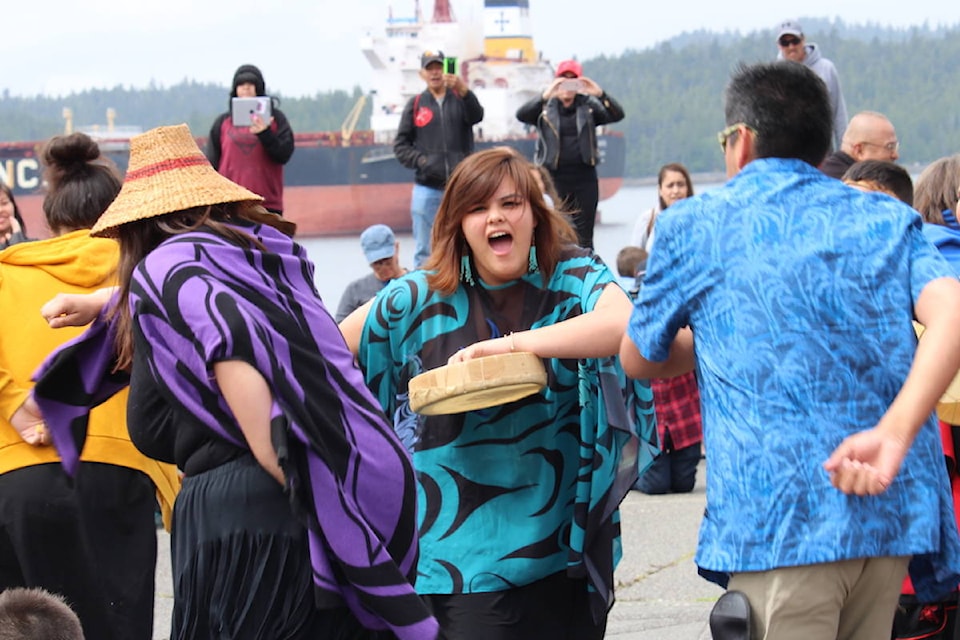 Anissa Barton performing with all the SD52 schools in Prince Rupert, giving a drumming performance on National Indigenous Peoples Day. (Jenna Cocullo / The Northern View)