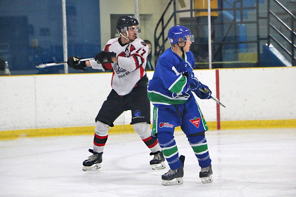 Rampage assistant captain, Tyler Ostrom waits to steal the puck from a Steelheads player.