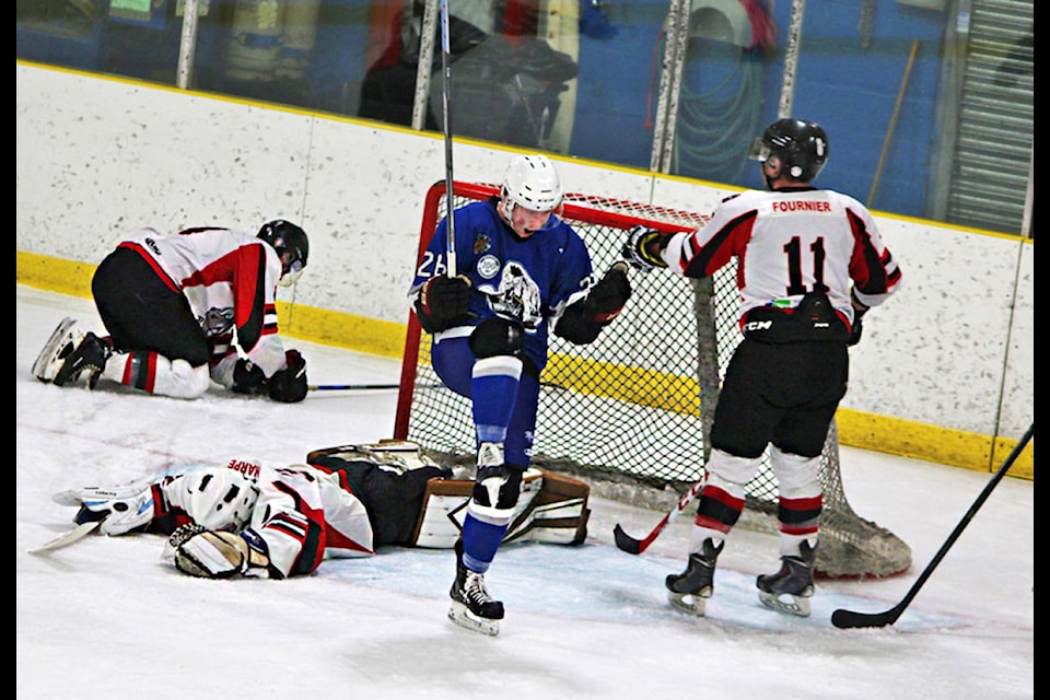 Terrace River Kings Mason Richey celebrates a third period goal during CIHL action on Saturday at the Jim Ciccone Civic Centre. The celebration was short-lived with the Prince Rupert Rampage adding two more goals to post an 8-5 victory during Rupert’s Hometown Hockey weekend. (Jenna Cocullo / The Northern View)