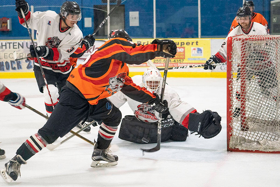 Justin Brand of the Rupert Rampage shoots on net against the Hazelton Wolverines in Prince Rupert B.C., on Oct. 23. (Photo: Norman Galimski/The Northern View)