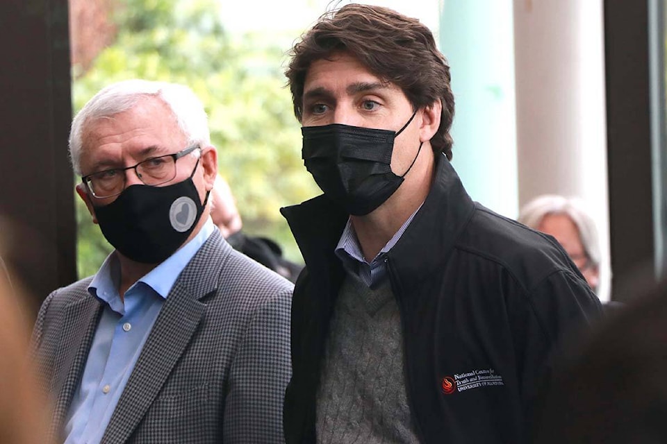 Abbotsford Mayor Henry Braun and Prime Minister Justin Trudeau at Abbotsford City Hall on Friday, Nov. 26, 2021. (Andy Holota/Black Press Media)