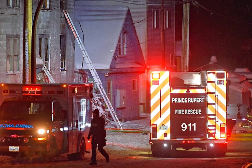 Prince Rupert Fire Rescue was assisted by BC Ambulance and RCMP at an apartment fire on Second Ave. W., during the evening of Dec. 28. (Photo: K-J Millar/The Northern View)