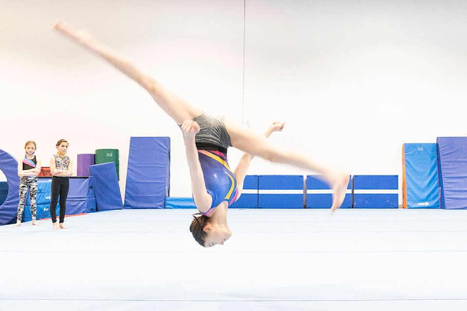 Kiri Orton flips at the Prince Rupert Gymnastics Association’s new facility near Rushbrook Harbour, on Jan. 17. She qualified for the now-cancelled BC Winter Games. (Photo: Norman Galimski/The Northern View)