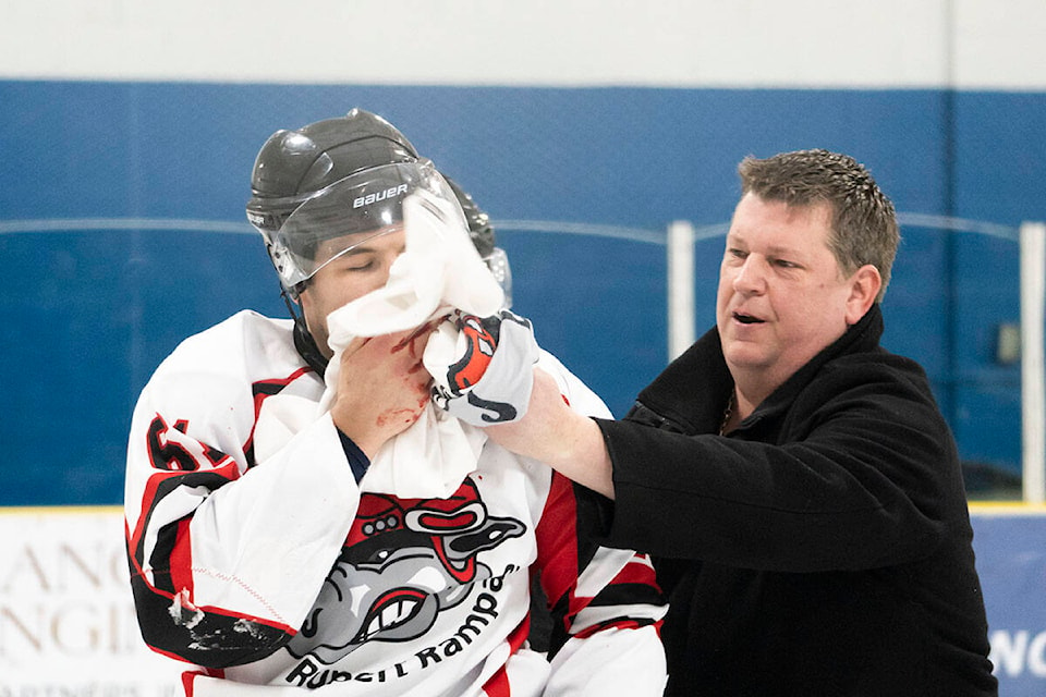 Brody Hemrich of the Rupert Rampage was hit in the jaw by the puck and had to be taken to hospital while playing against the Terrace River Kings, on Feb. 4. (Photo: Norman Galimski/The Northern View)