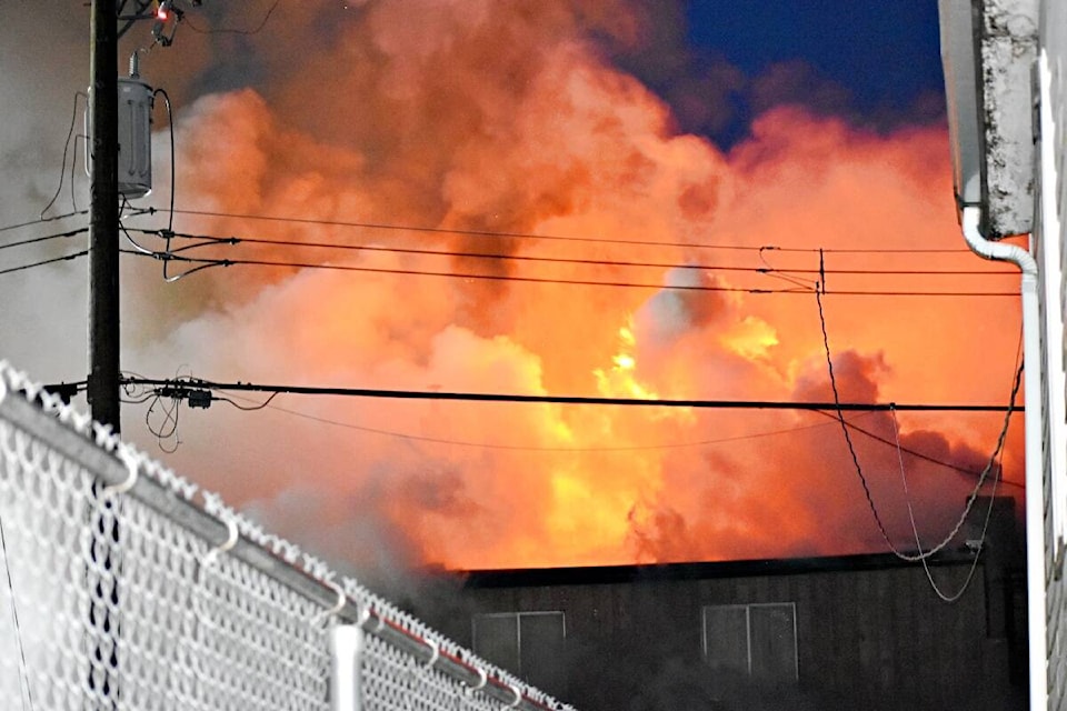 A fire engulfed a downtown business building on May 1 with Prince Rupert Fire Rescue crews attending assisted by RCMP and BC Ambulance services. (Photo: K-J Millar/The Northern View)