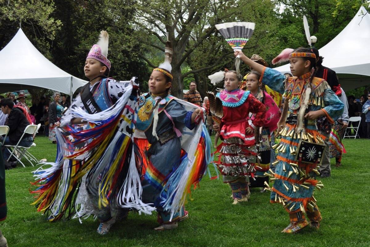 Sinixt children do traditional dances during a ceremony at Nelsons Lakeside Park. Photo: Tyler Harper