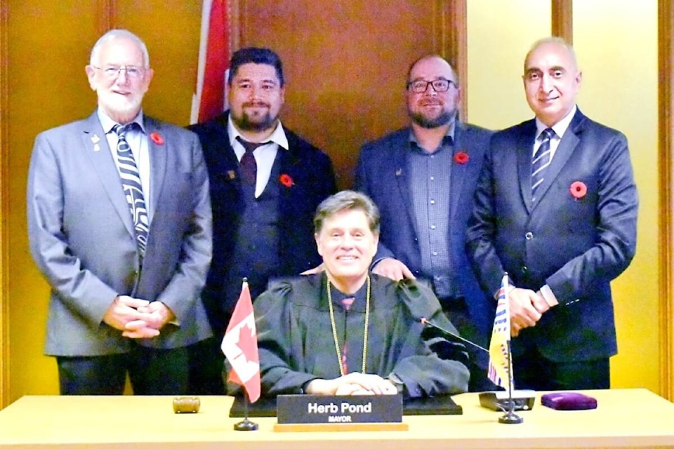 A new Prince Rupert mayor and city council were sworn into office on Nov. 7. Mayor Herb Pond is surrounded by returning councillors Barry Cunningham, Reid Skelton-Morven, Wade Niesh and Gurvinder Randhawa. Missing is Nick Adey and newcomer to council Teri Forster. (Photo: K-J Millar/The Northern View)