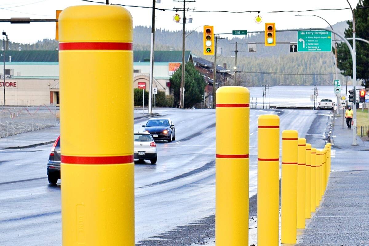 Parking Bollards have been installed along McBride Ave. and Third Ave to deter vehicle access on the sidewalk along the stretch of road in front of Saanich Plumbing. The installation was a necessary step to mitigate and control vehicle and heavy weights. (Photo: K-J Millar/The Northern View)