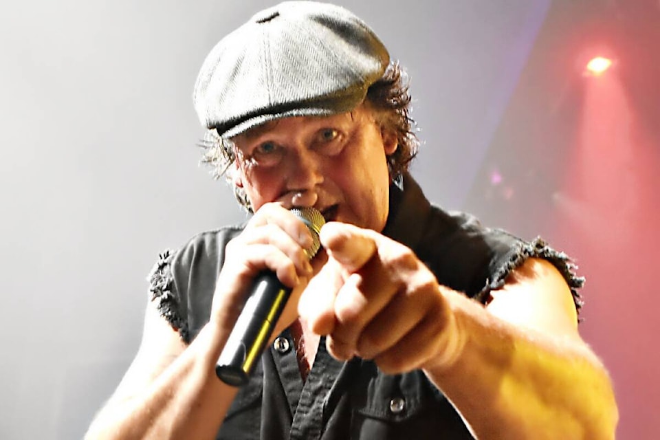 Kim Kahl, frontman of the AC/DC tribute band, Rock or Bust, ‘shook it all night long’ with the audience at the Prince Rupert concert on Aug. 12. (Photo: K-J Millar/The Northern View)