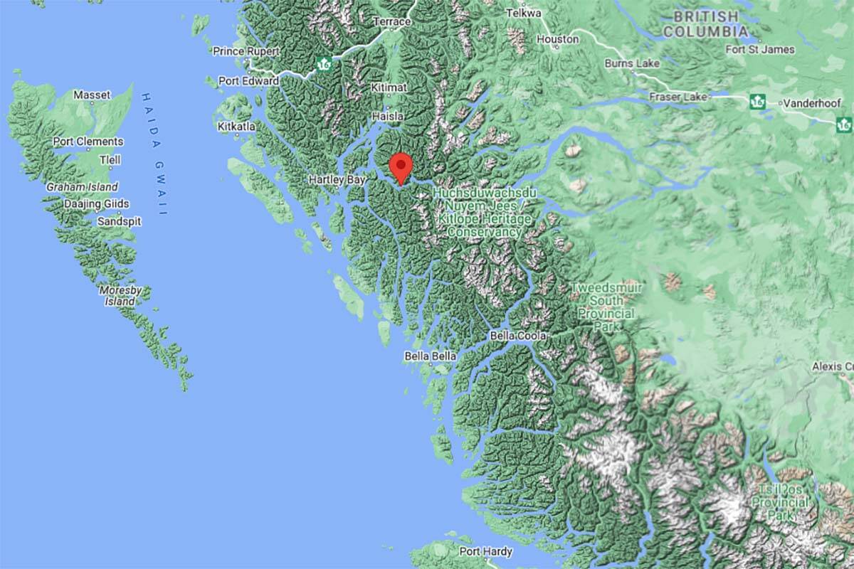 The tugboat Ingenika sank around 16 nautical miles west-south-west of Kemano, B.C. on Feb. 10, 2021, claiming the lives of two crew members. (Google Maps/Transportation Safety Board of Canada)