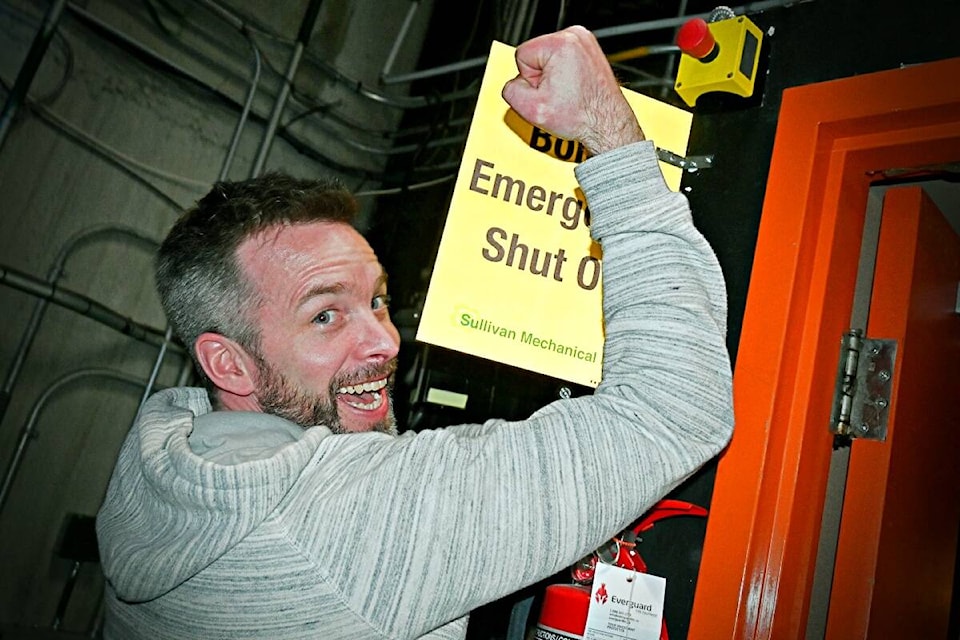 No! No! The show MUST go on, complete with backstage antics. Chris Armstrong, Lester Theatre Manager acts up behind the curtain for Mamma Mia! the first community musical in five years to hit the stage on April 20, 21, and 22. (Photo: K-J Millar/The Northern View)