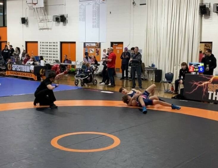 Auzton Shaw wins by pinfall at the Vancouver Island Zone Championships in Victoria last season. (Tyson Whitney photo)