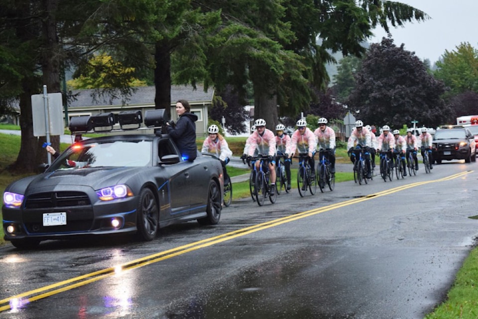 Tour de Rock riding down the rainy streets of Port Alice on Sunday, Sept. 22. (Debra Lynn photo)