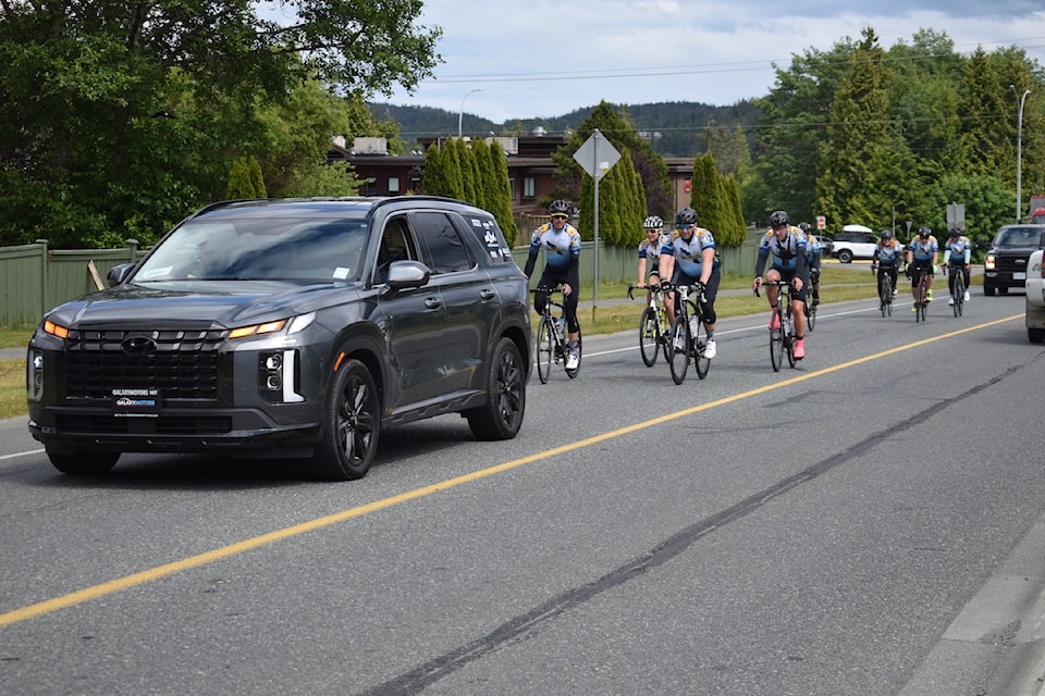 End2End riders on their way to the seniors' centre in Port Hardy. (Tyson Whitney photo)
