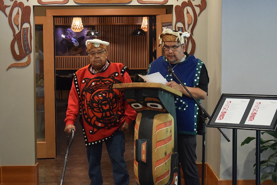 Hereditary chiefs Gary Walkus and Willie Walkus welcome everyone to the reopening. (Tyson Whitney photo)