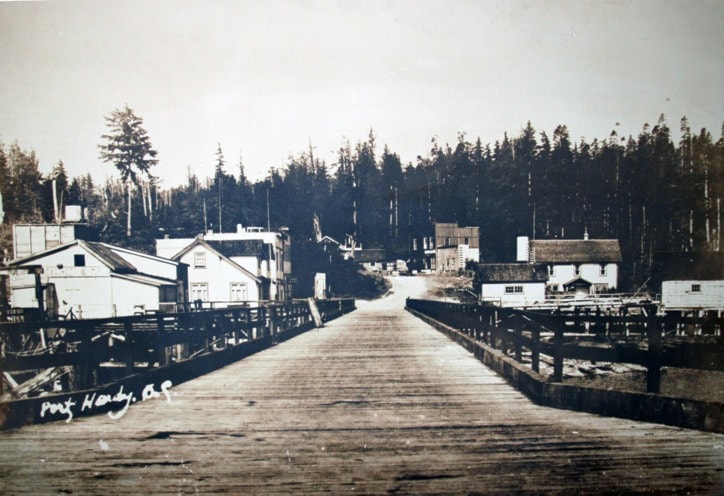 Early years of Port Hardy as seen from the government warfe in 1945.